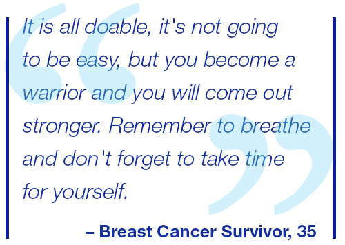 It is all doable, it's not going to be easy, but you become a warrior and you will come out stronger. Remember to breathe and don't forget to take time for yourself. Breast Cancer Survivor, 35